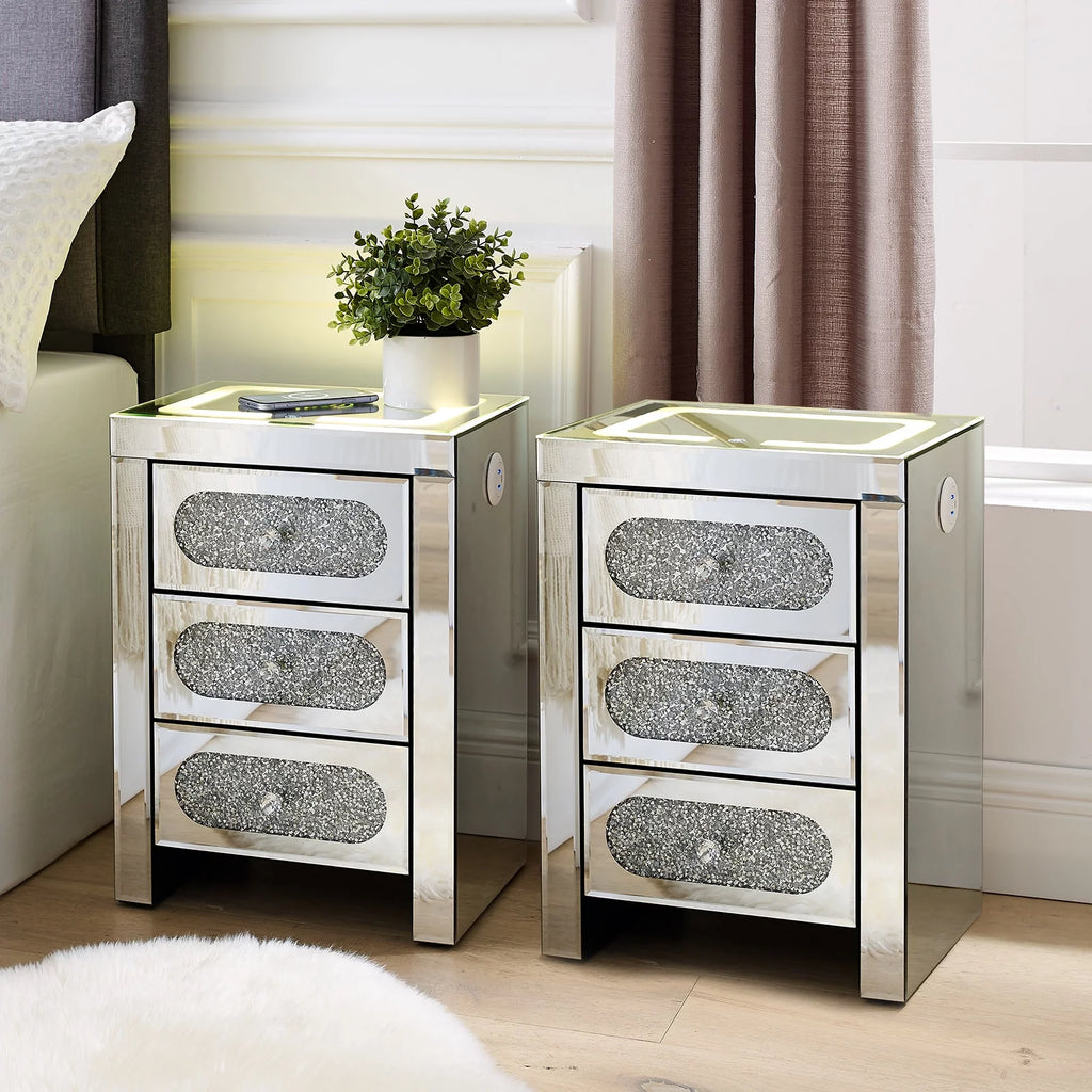 3 Drawer Mirrored Nightstand with Wireless Charging Station I3414