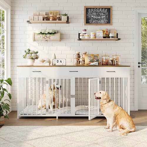 White 71" Wide Double Dog Crate with 3 Drawers Y281597