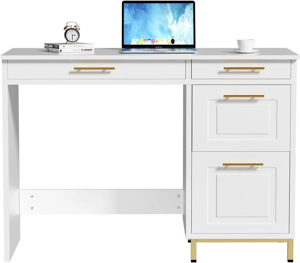 White and Gold Computer Desk with 4 Drawers E97203