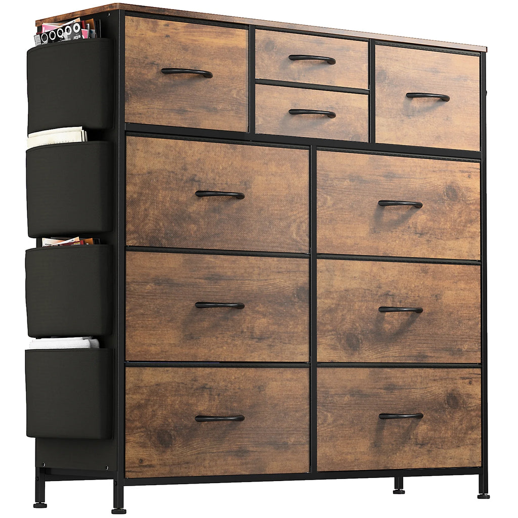 Brown 10 Drawer Fabric Dresser with Side Pockets and Hooks R660