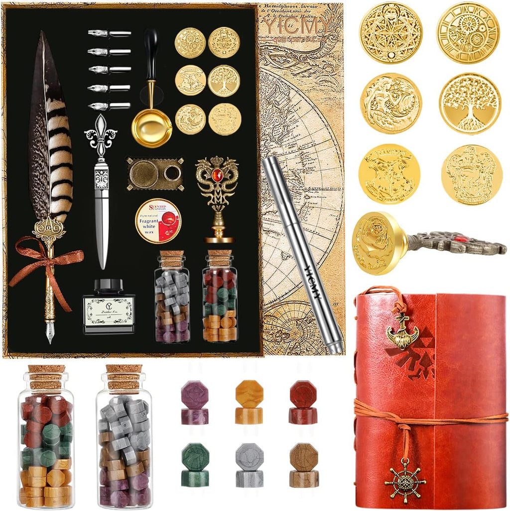 Pheasant Quill Pen and Ink Set Wax Seal Stamp Kit with Leather Journal Notebook Feather Dip Pen, Calligraphy Pen Set, 7 Wax Stamp Heads, Pack of 2 T759626