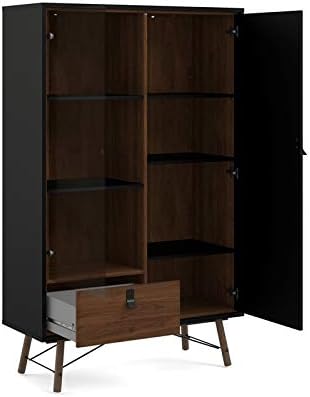 2 Piece Furniture Set with Sideboard and China Cabinet in Black Matte and Walnut L2219