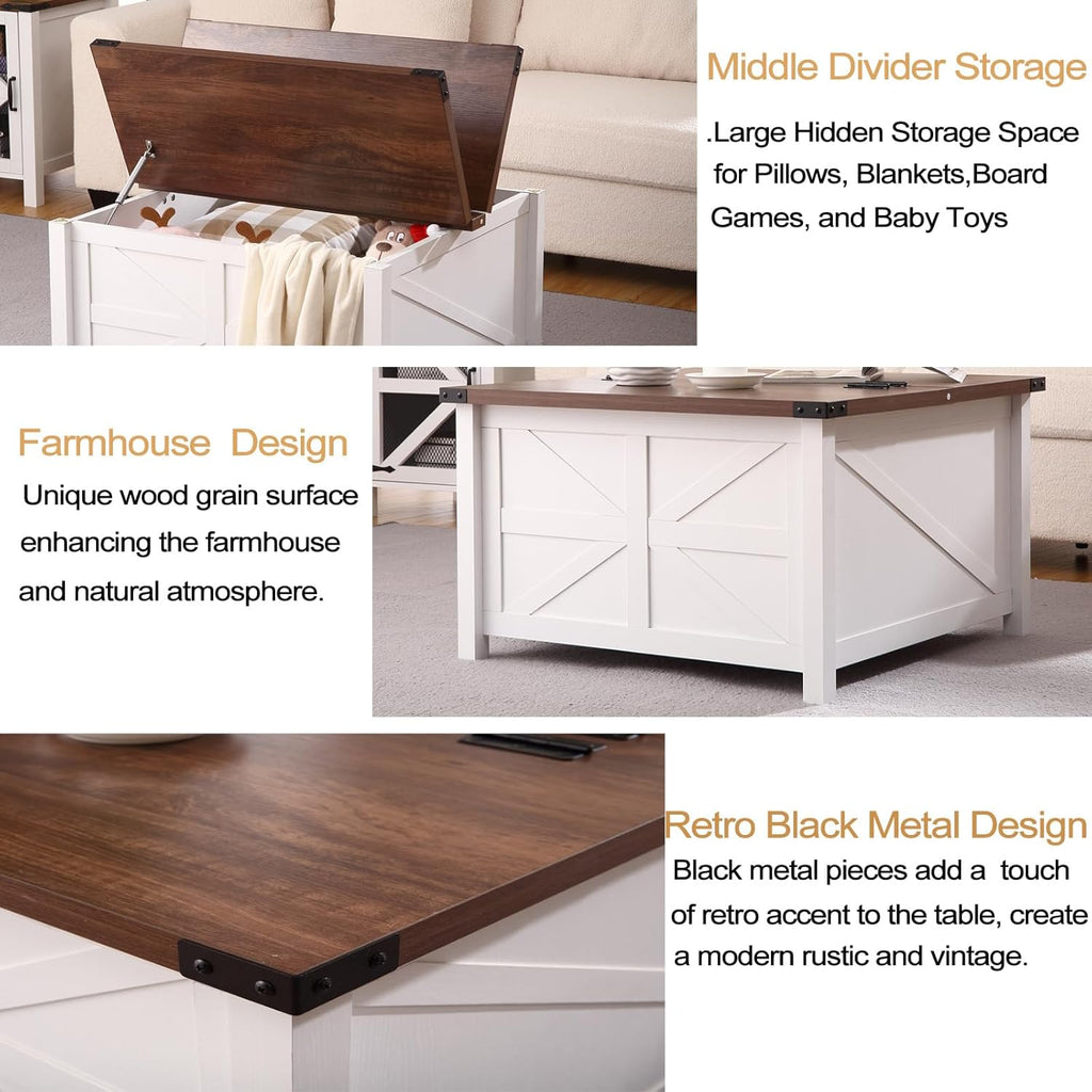 Farmhouse Square Coffee Table with Large Hidden Storage Compartment A610