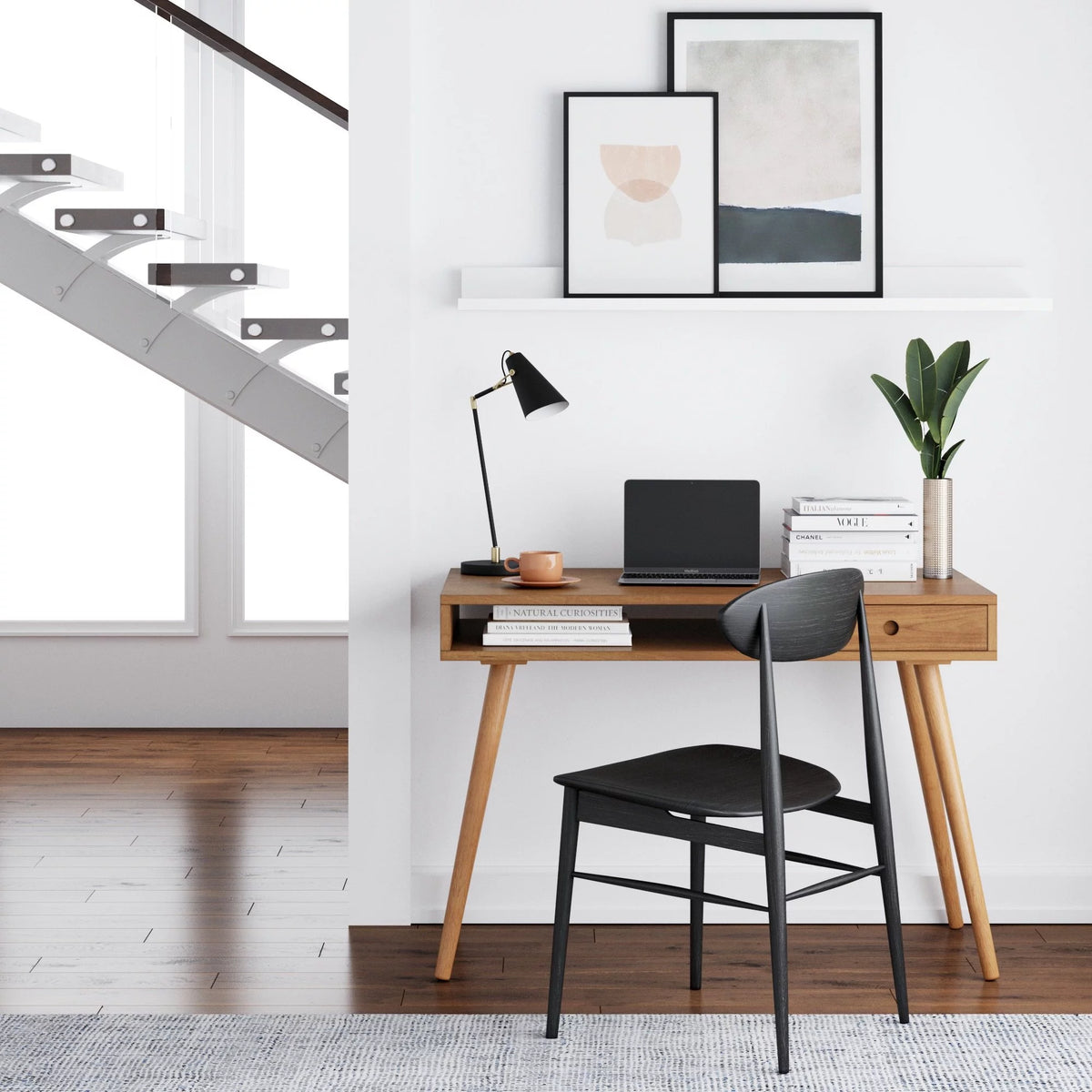 Modern Home Office Desk in Walnut Wood with Open Storage Cubby and Small Drawer Q692710