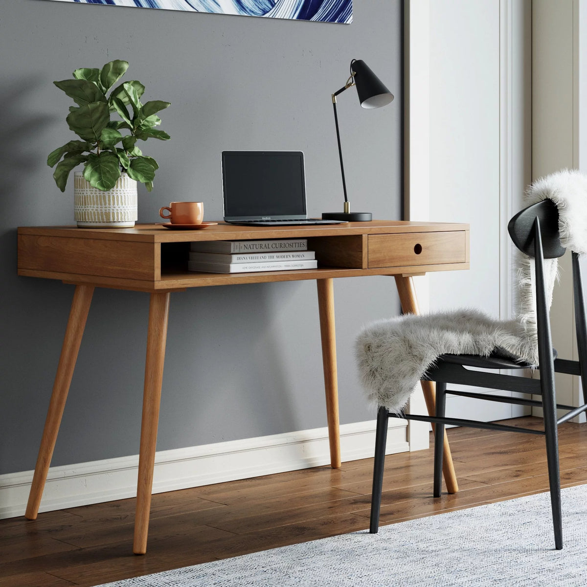Modern Home Office Desk in Walnut Wood with Open Storage Cubby and Small Drawer Q692710