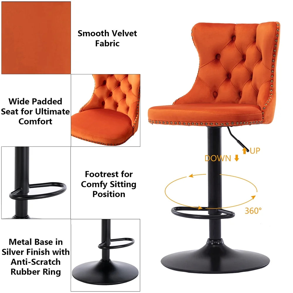 Velvet Swivel Bar Stools Set of 2 with Nailheads Trim B994