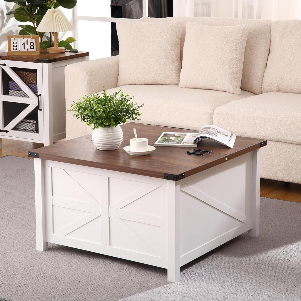 Farmhouse Square Coffee Table with Large Hidden Storage Compartment A610