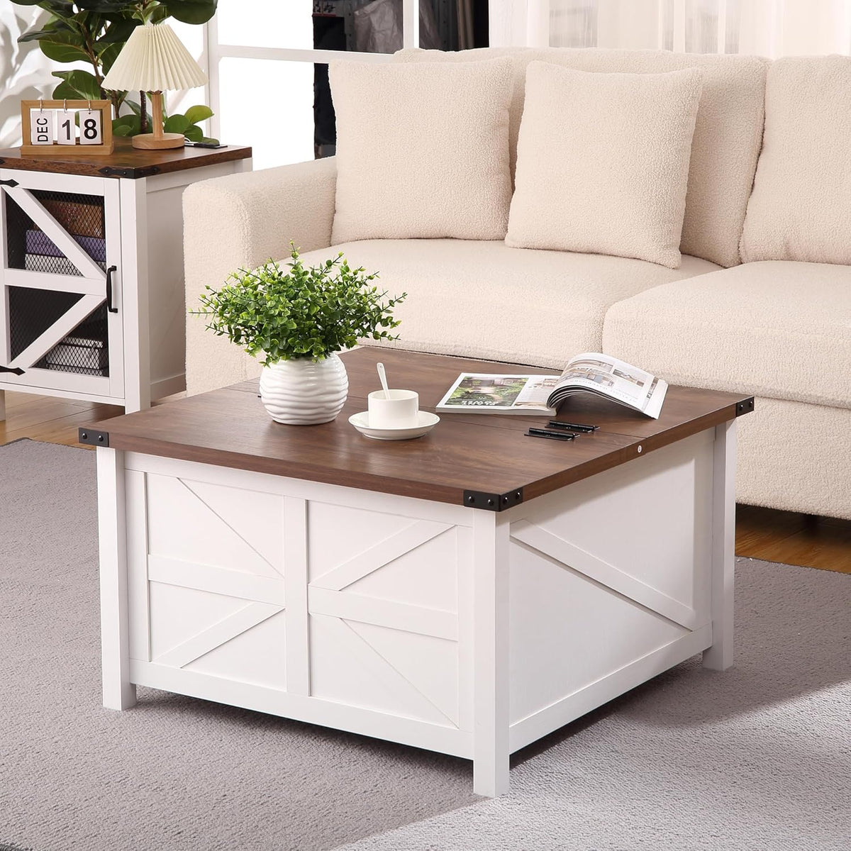 Farmhouse Square Coffee Table with Large Hidden Storage Compartment A610