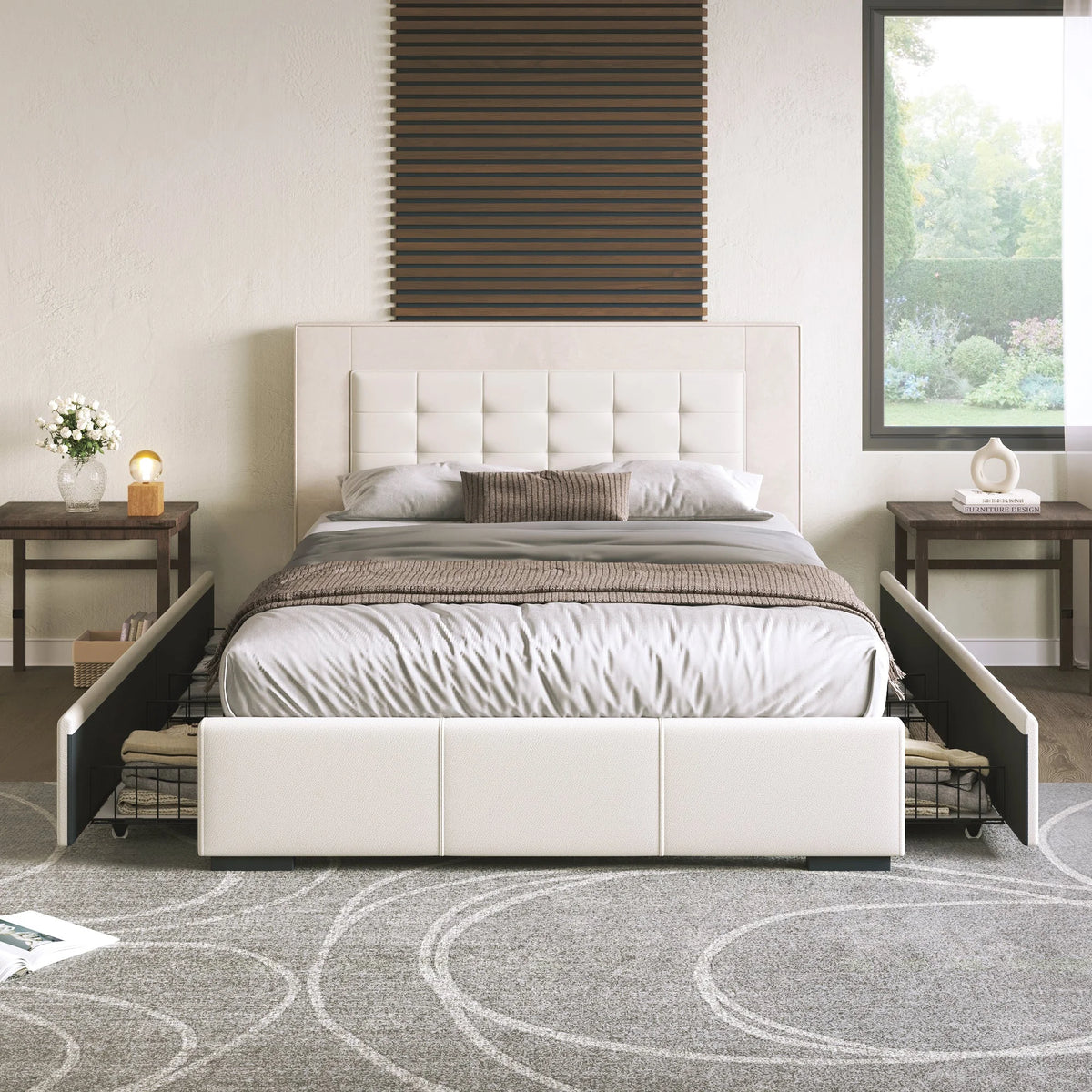 Queen Platform Bed Frame with Four Drawers Beige U990304