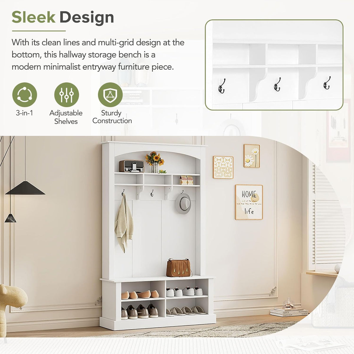 White 47.2'' Wide Hall Tree Bench with Hooks J328198
