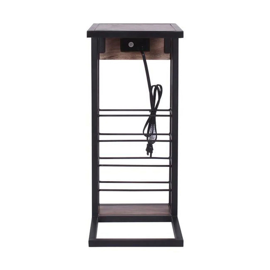 Dark Brown Wood & Metal Side Table with USB & Storage Rack F37283