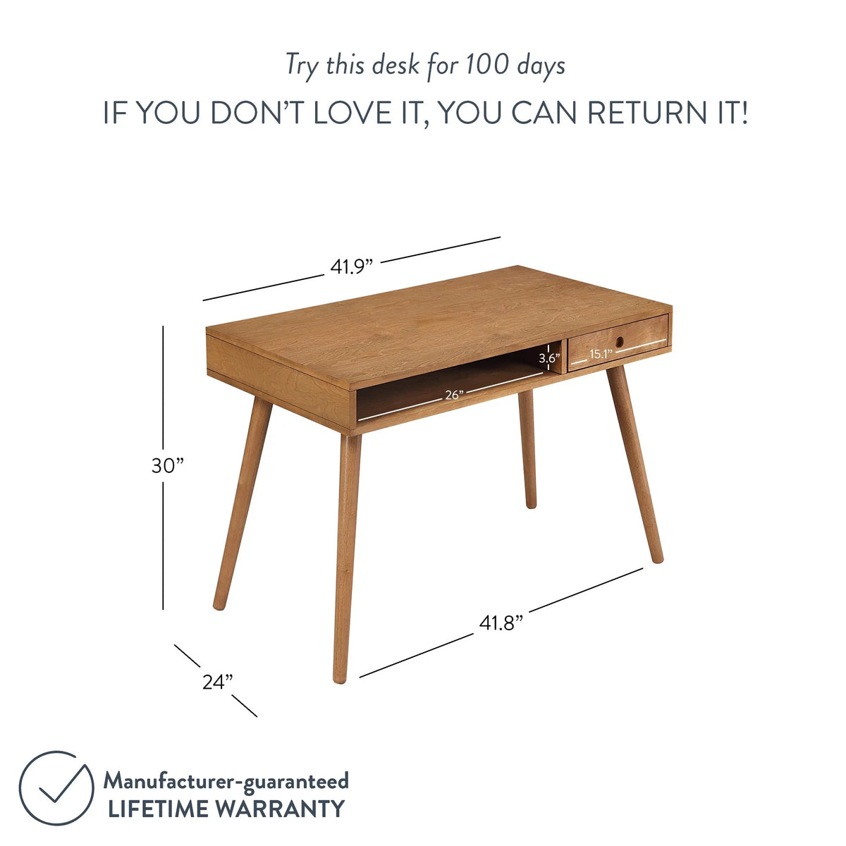 Modern Home Office Desk in Walnut Wood with Open Storage Cubby and Small Drawer Q692710