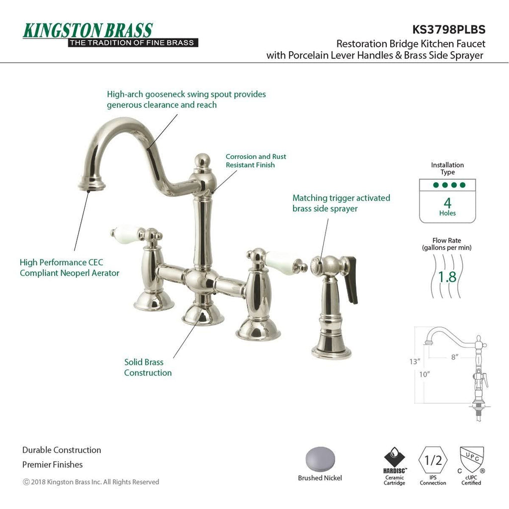 Brushed Nickel Bridge Kitchen Faucet with Brass Sprayer J997