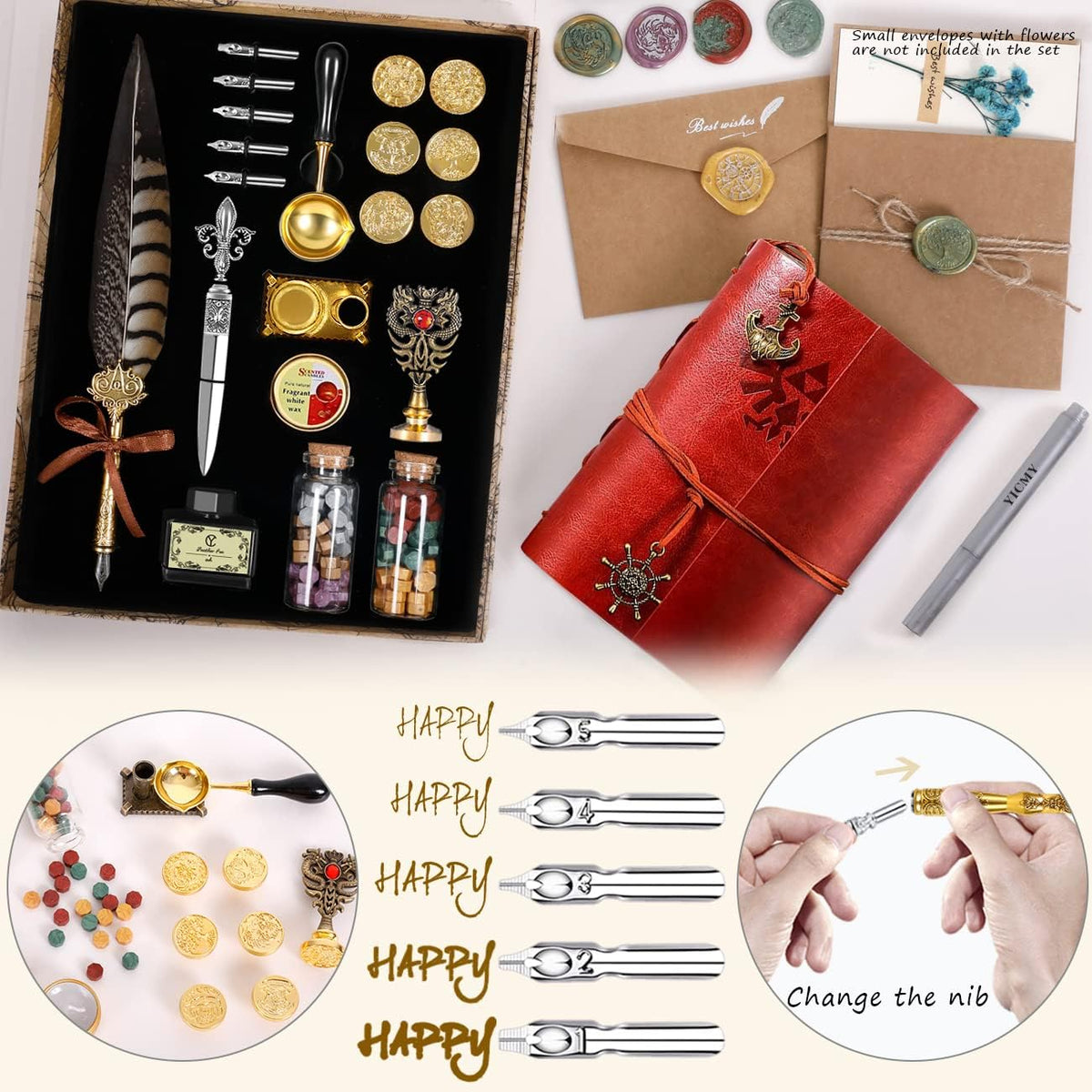 Pheasant Quill Pen and Ink Set Wax Seal Stamp Kit with Leather Journal Notebook Feather Dip Pen, Calligraphy Pen Set, 7 Wax Stamp Heads, Pack of 2 T759626