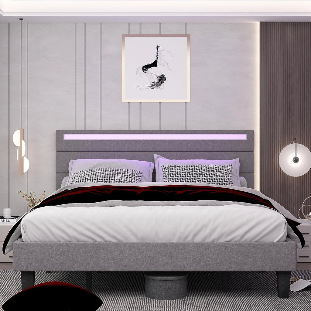 Queen Size Beige Upholstered Platform Bed Frame with Headboard A961314