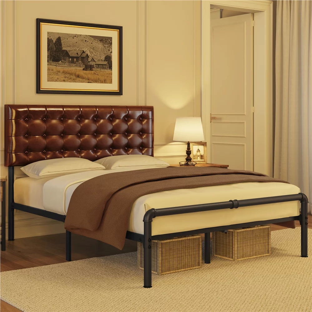Metal Platform Bed Frame with Upholstered Headboard, Queen, Brown Y289