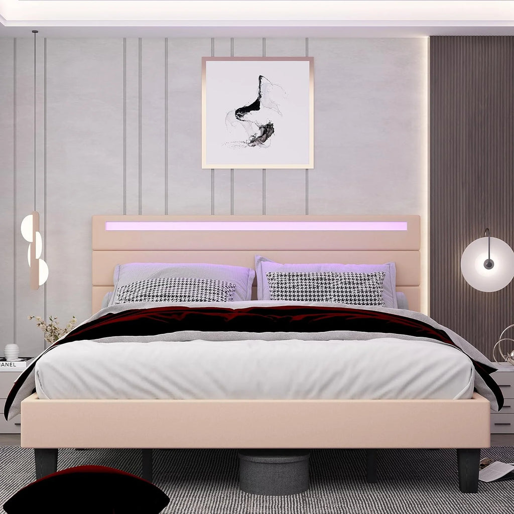 Queen Size Beige Upholstered Platform Bed Frame with Headboard A961314