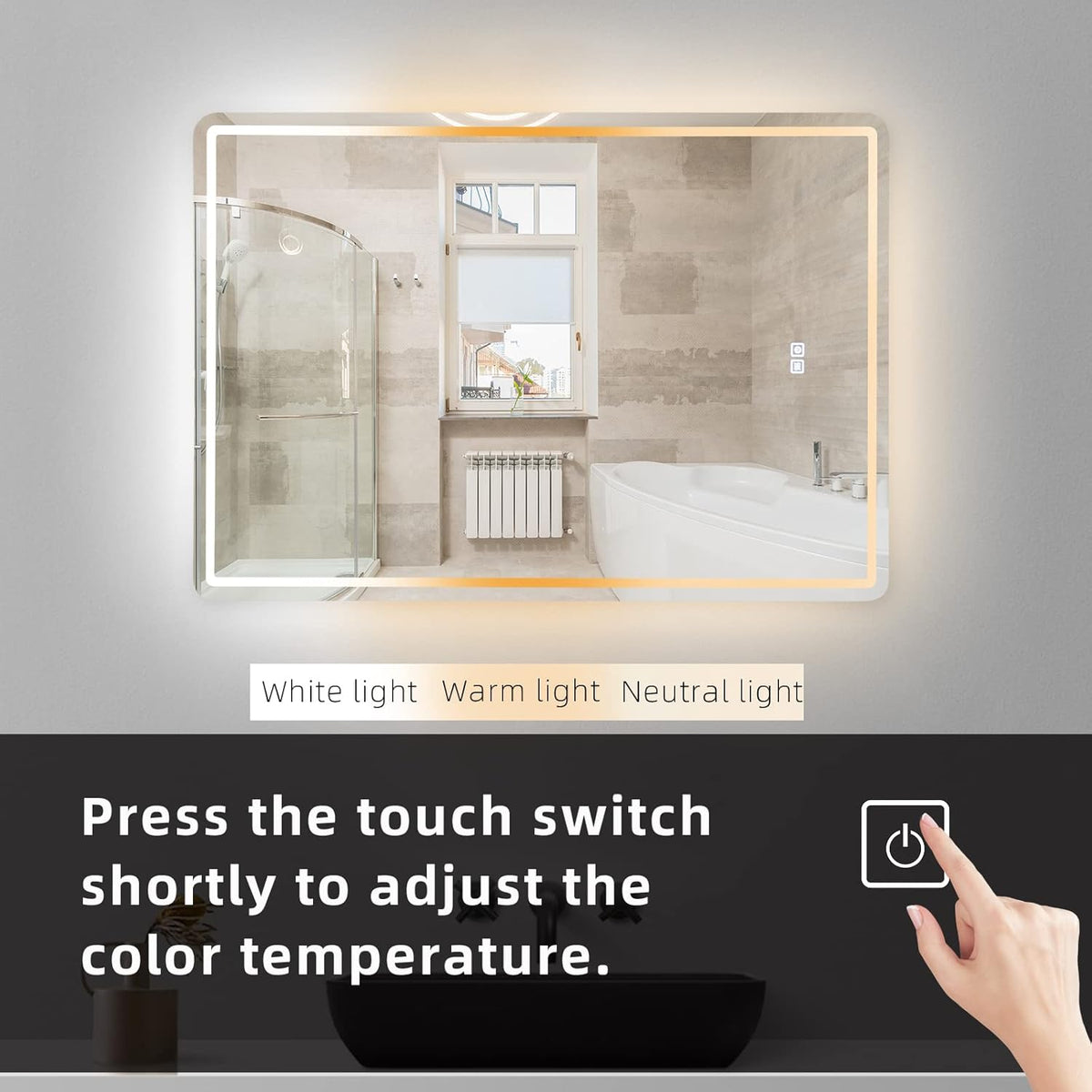20 x 28 inch LED Bathroom Mirror, Anti-Fog Dimmable 3-Tone Lighted Vanity Mirror Q597