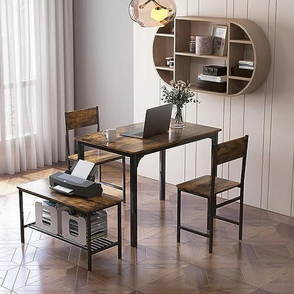 4-Piece Dining Table Set with Bench and Chairs Metal Frame M86175