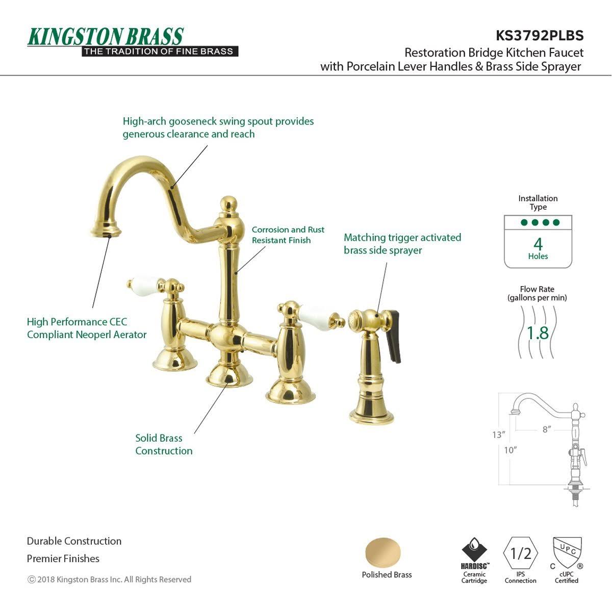 Brushed Nickel Bridge Kitchen Faucet with Brass Sprayer J997
