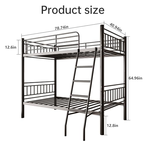 Black Metal Twin Over Twin Bunk Bed with Ladder and Guardrail E156289