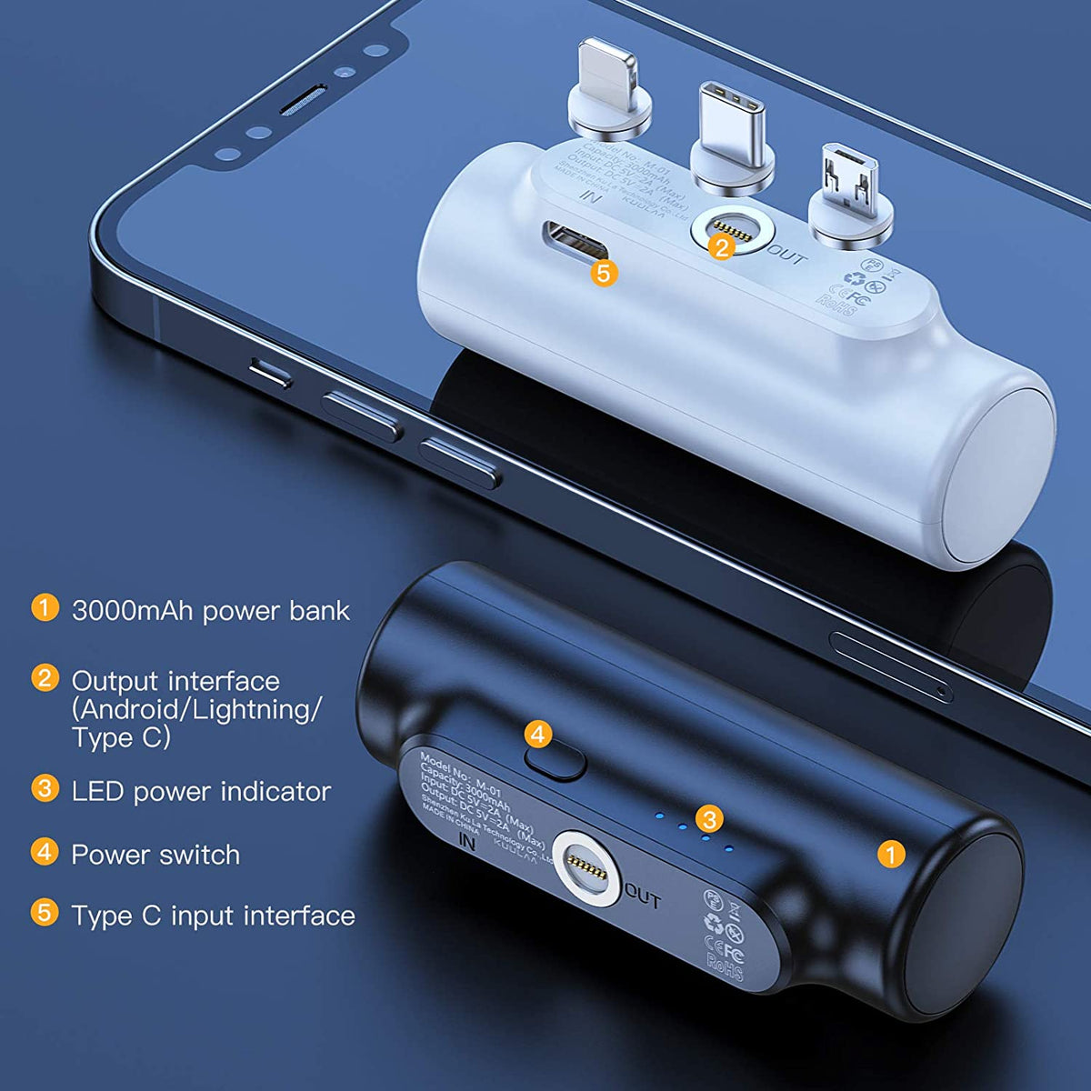 3 in 1 Magnetic 3000mAh Mini External Battery Pack Portable Charger with 3 Plugs (Black) E6297