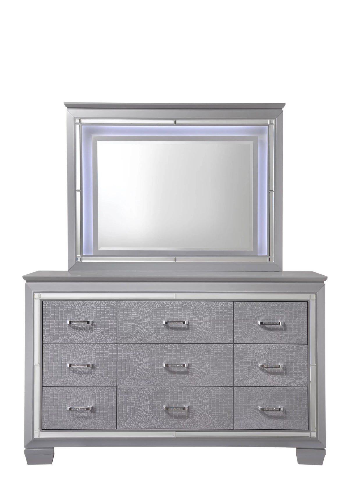 Queen Size LED Backlit Upholstered Bed Dresser Mirror Nightstand Chest Wooden Furniture Set Q75098