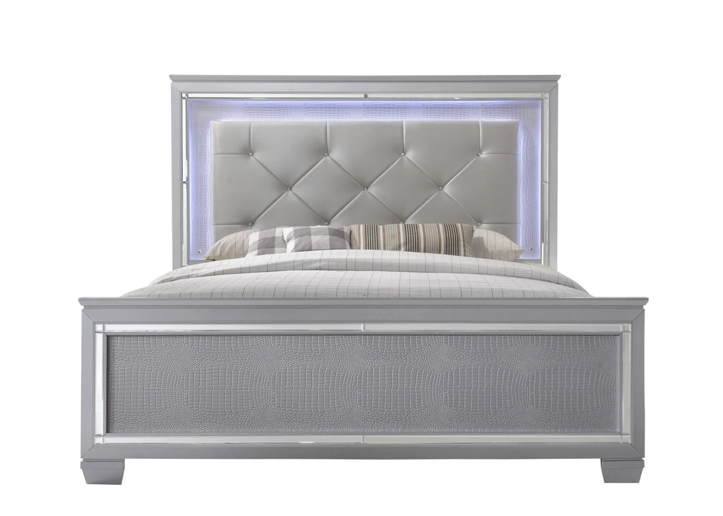 Queen Size LED Backlit Upholstered Bed Dresser Mirror Nightstand Chest Wooden Furniture Set Q75098