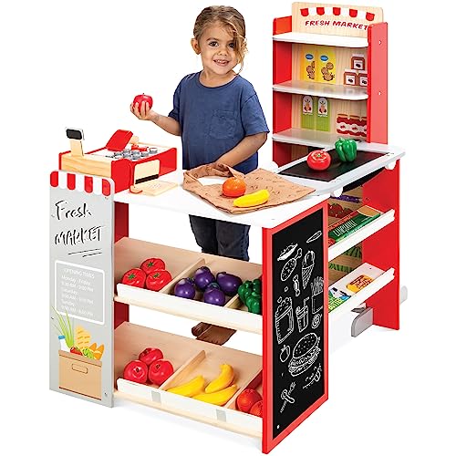 Red Wooden Supermarket Toy Set with Play Food, Cash Register, Conveyor J234611