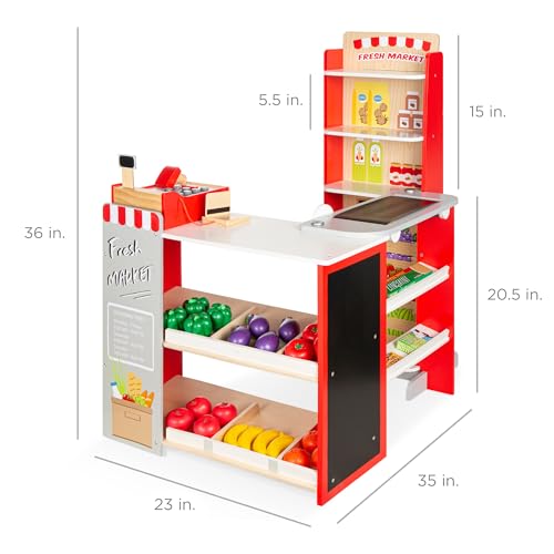 Red Wooden Supermarket Toy Set with Play Food, Cash Register, Conveyor J234611