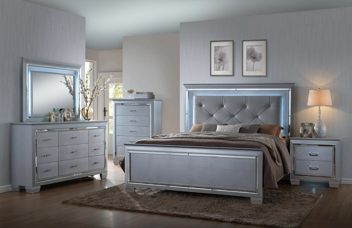 Queen Size LED Backlit Upholstered Bed Dresser Mirror Nightstand Chest Wooden Furniture Set Q75098
