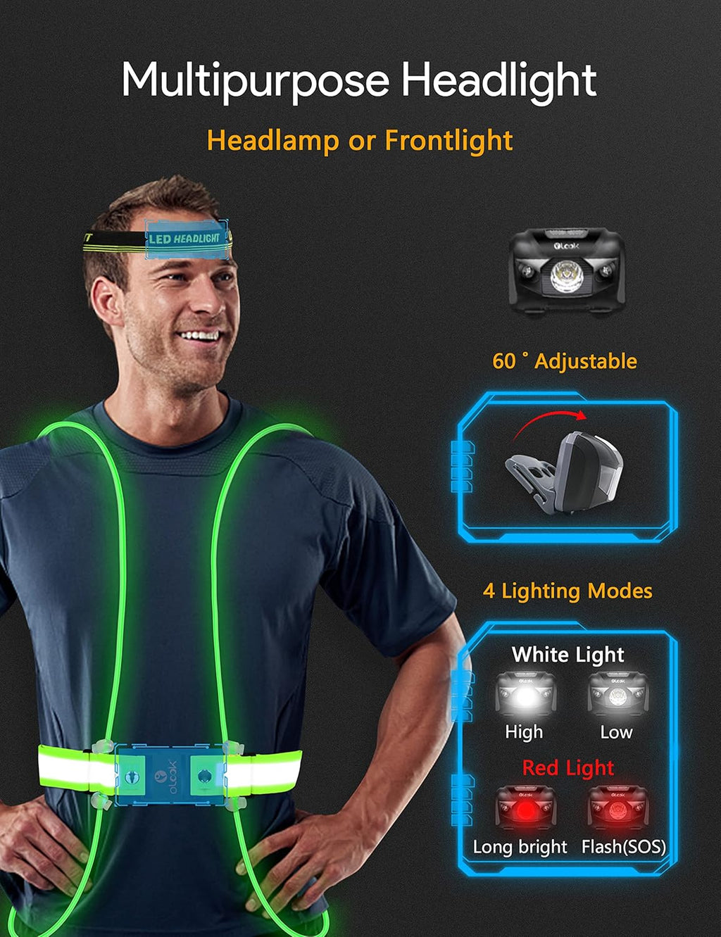 High Visibility LED Light Up Vest, 360° Reflective Safety Gear, Rechargeable Waterproof, L-Green V593974