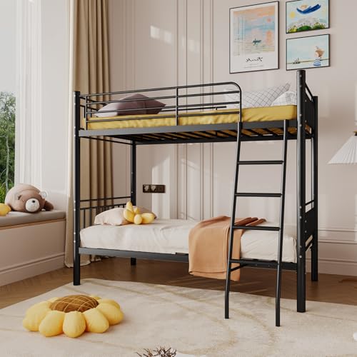 Black Metal Twin Over Twin Bunk Bed with Ladder and Guardrail E156289