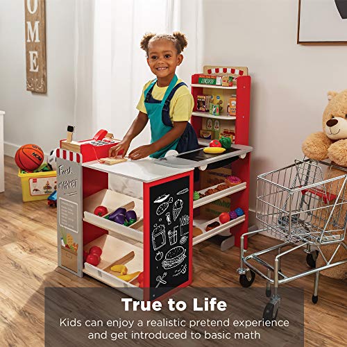 Red Wooden Supermarket Toy Set with Play Food, Cash Register, Conveyor J234611