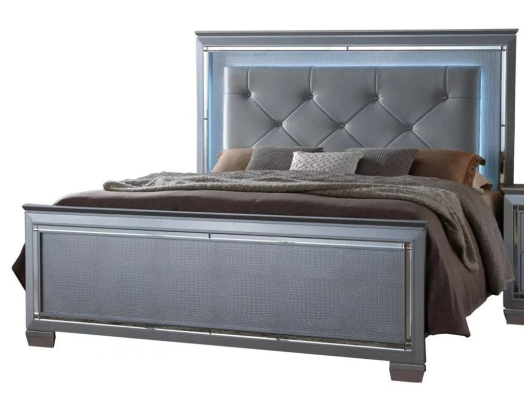 Queen Size LED Backlit Upholstered Bed Dresser Mirror Nightstand Chest Wooden Furniture Set Q75098