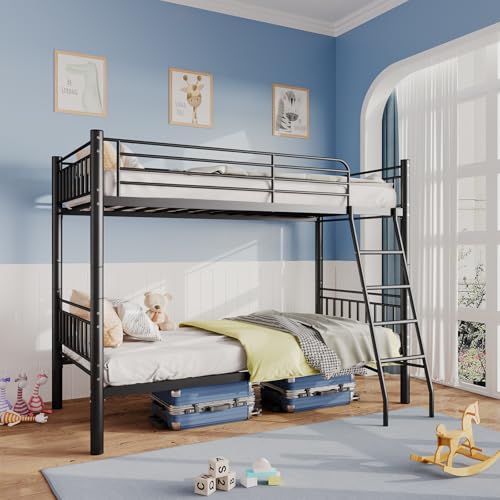 Black Metal Twin Over Twin Bunk Bed with Ladder and Guardrail E156289