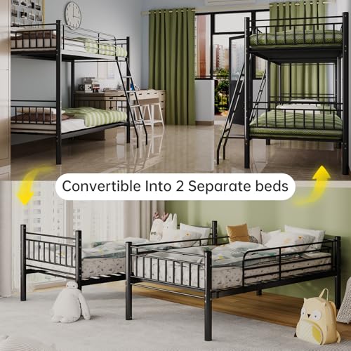 Black Metal Twin Over Twin Bunk Bed with Ladder and Guardrail E156289