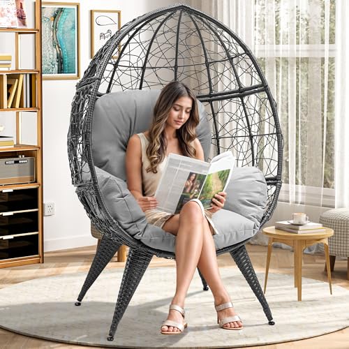 Oversized Grey Wicker Egg Chair with Stand and Cushion X149621