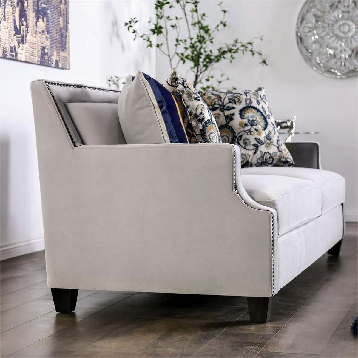 Light Gray Fabric Nailhead Sofa N8464