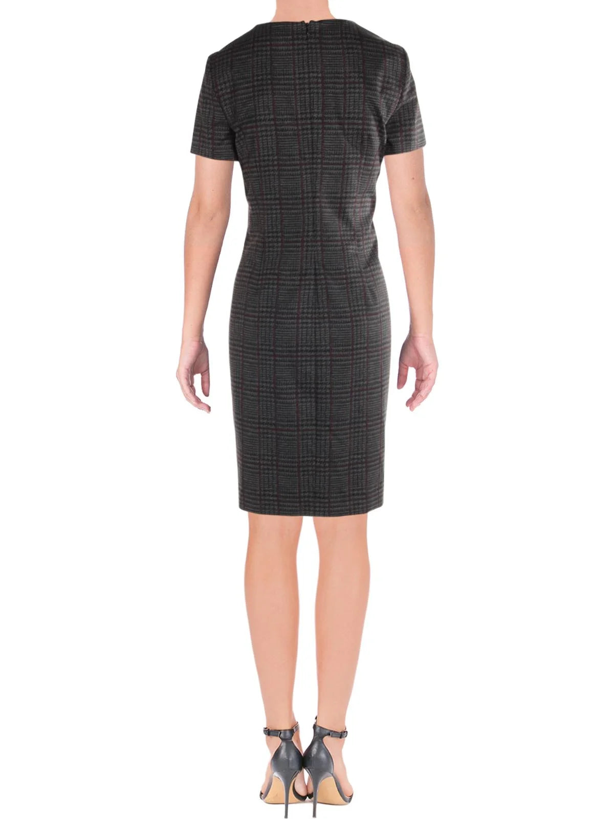 Gray Plaid Short Sleeve Sheath Dress X185628