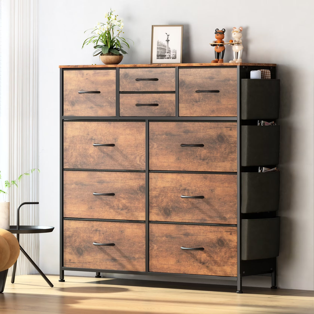 Brown 10 Drawer Fabric Dresser with Side Pockets and Hooks R660