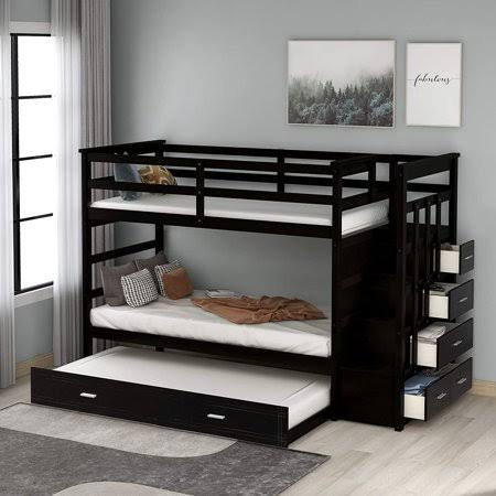Wood Twin Over Twin Bunk Bed with 4 Storage Drawers, Trundle R5499