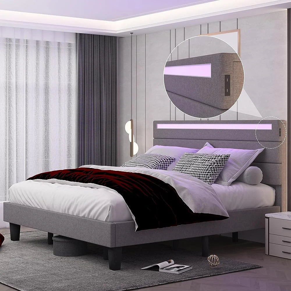 Queen Size Beige Upholstered Platform Bed Frame with Headboard A961314