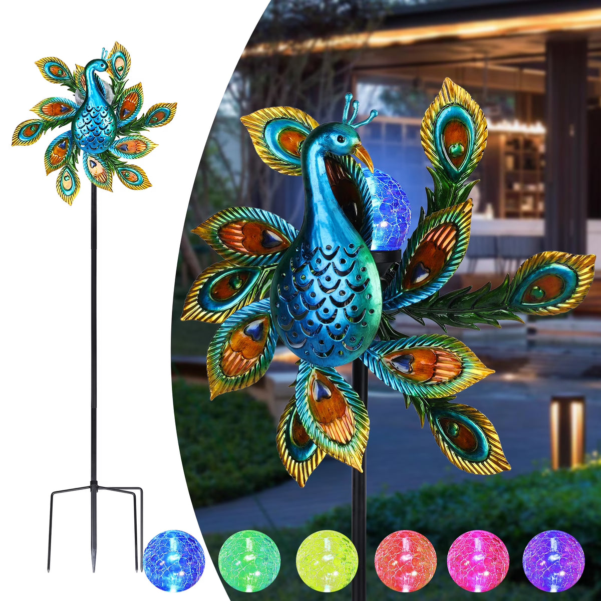 Solar Wind Spinner Outdoor Metal Kinetic Wind Spinner with LED Lighting Glass Ball Peacock Wind Spinner with Stake P203