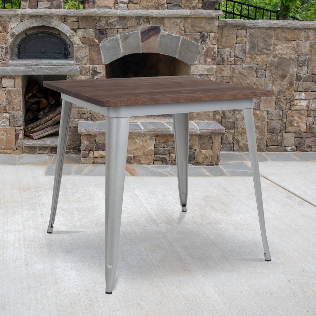 31.5x22 Square Silver Metal Table with Walnut Wood Top M1197