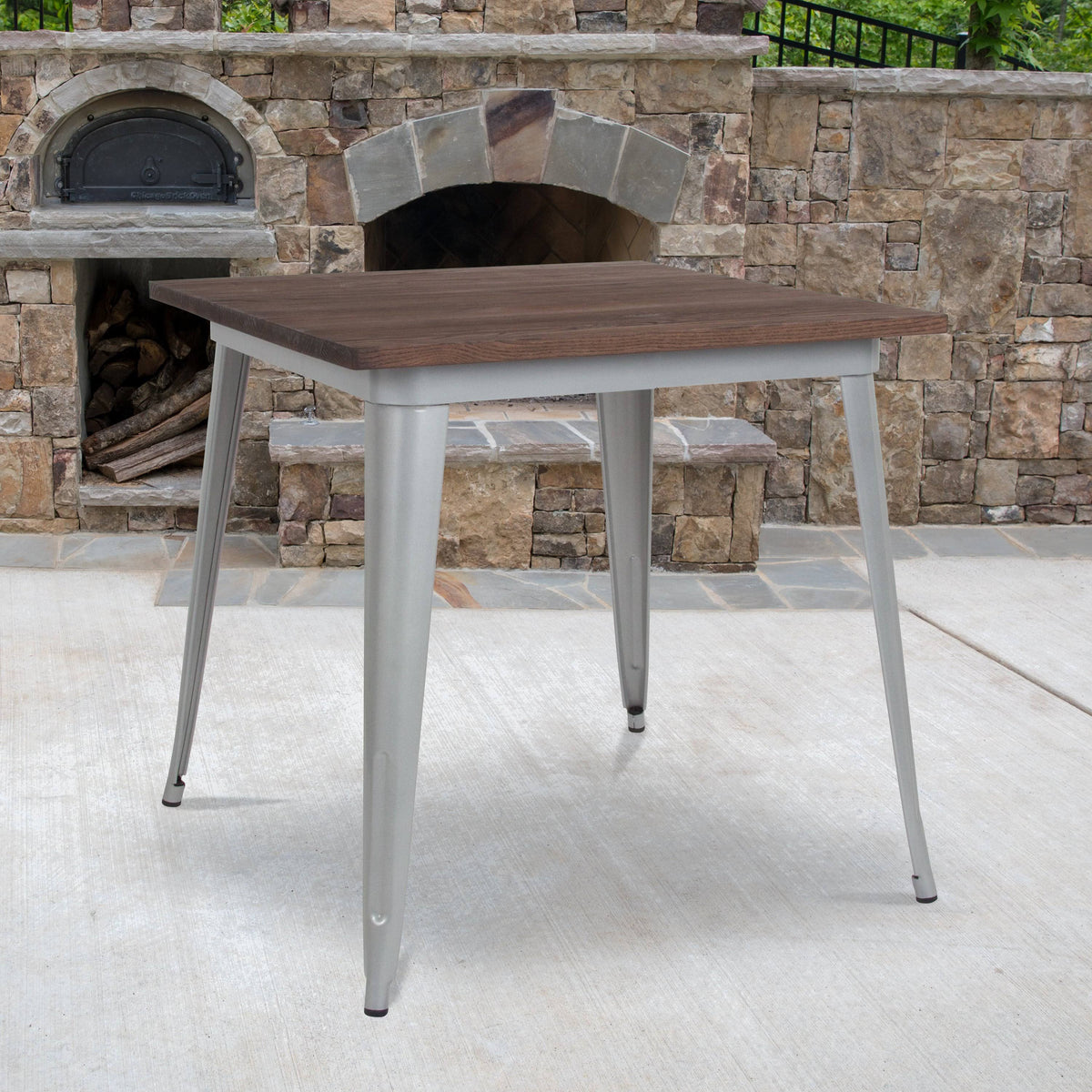 31.5x22 Square Silver Metal Table with Walnut Wood Top M1197