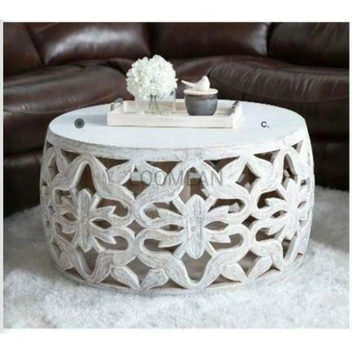 White Wash Drum Coffee Table Mango Wood Y141798