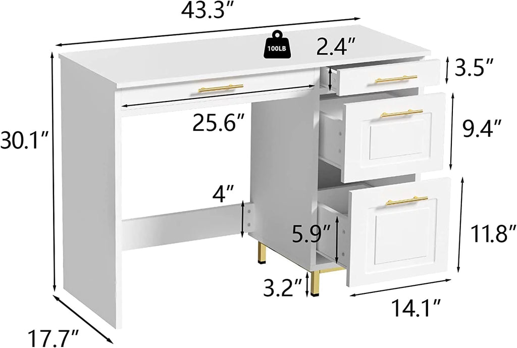 White and Gold Computer Desk with 4 Drawers E97203