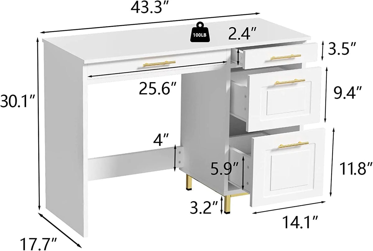 White and Gold Computer Desk with 4 Drawers E97203