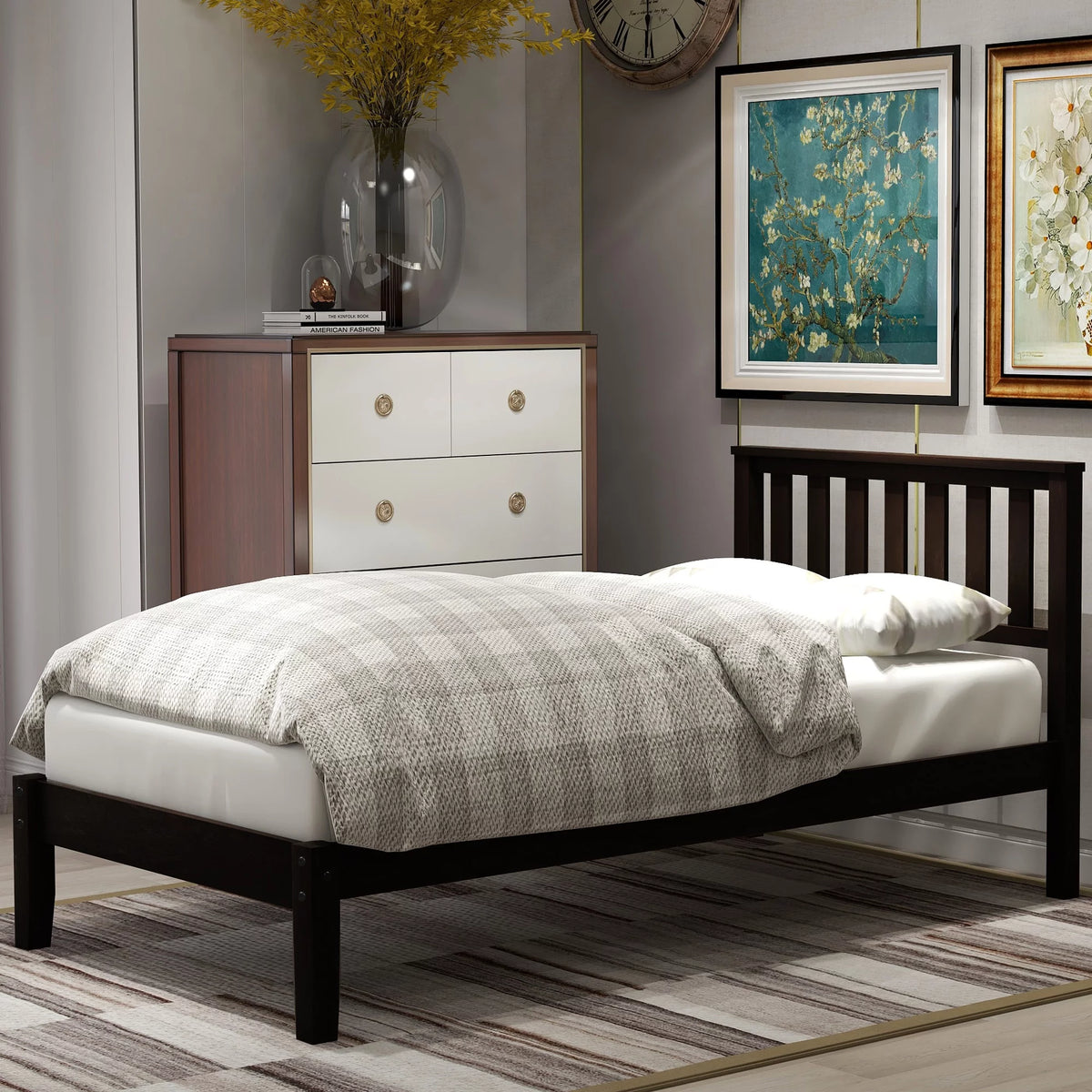 Espresso Twin Wood Platform Bed with Headboard A185730